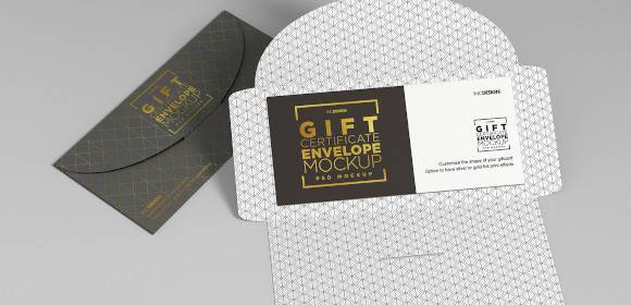 Premium PSD | Gift card with envelope mockup leaned