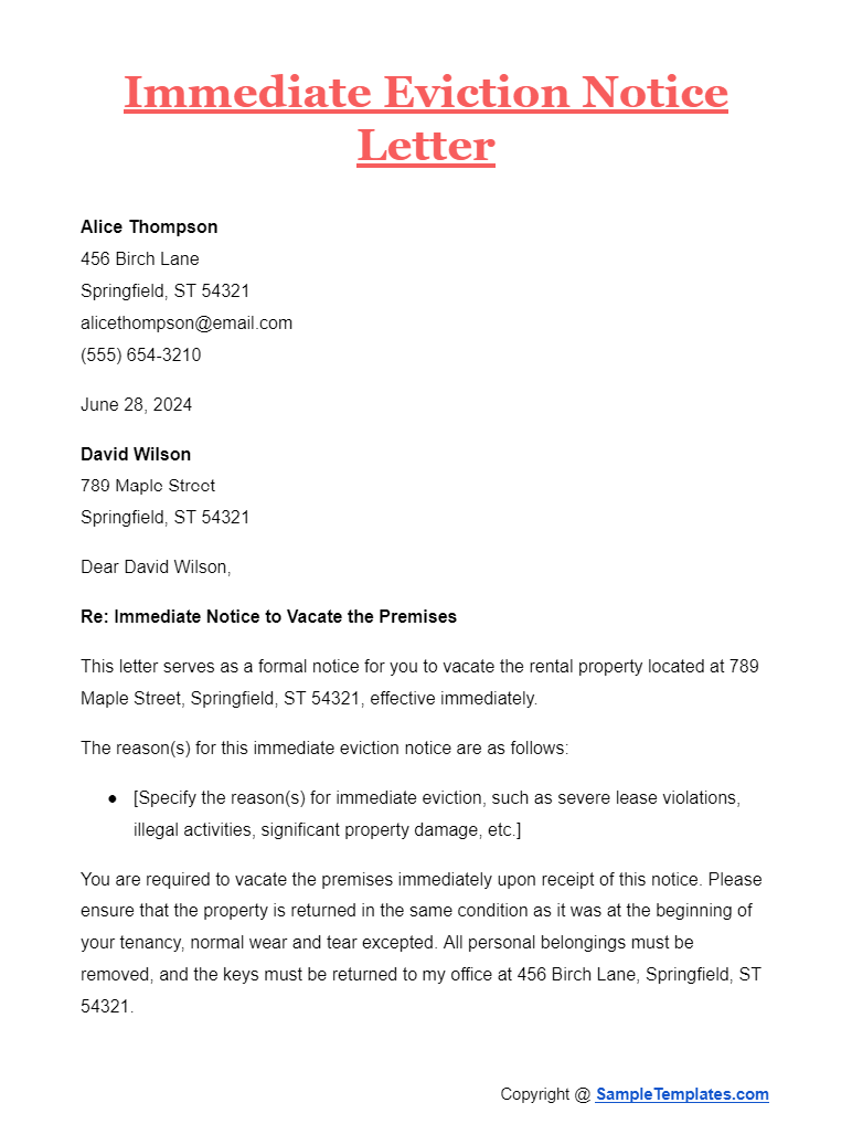 immediate eviction notice letter