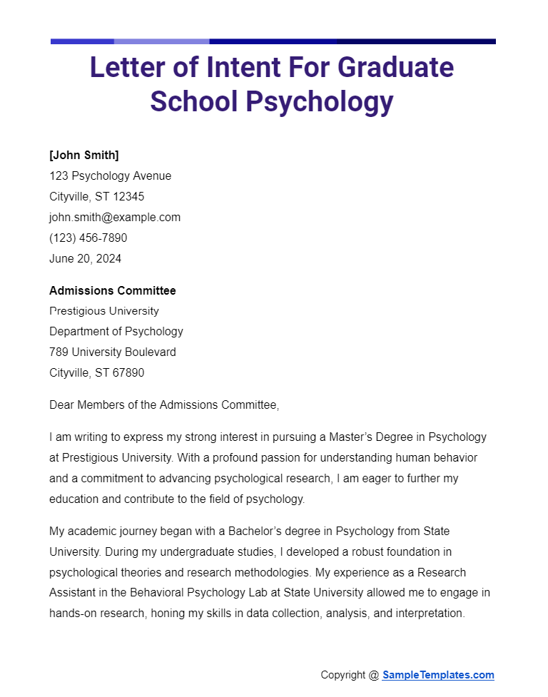 letter of intent for graduate school psychology