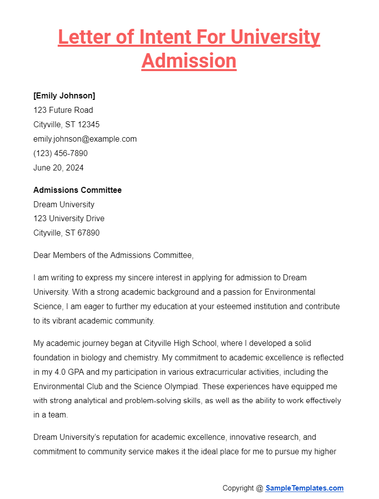 letter of intent for university admission