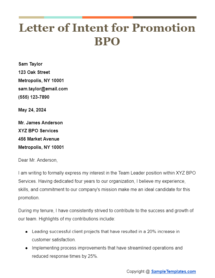 letter of intent for promotion bpo