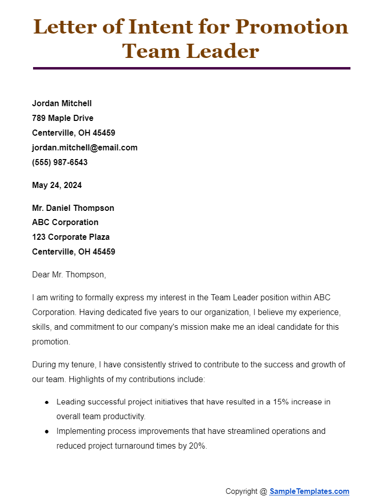 letter of intent for promotion team leader
