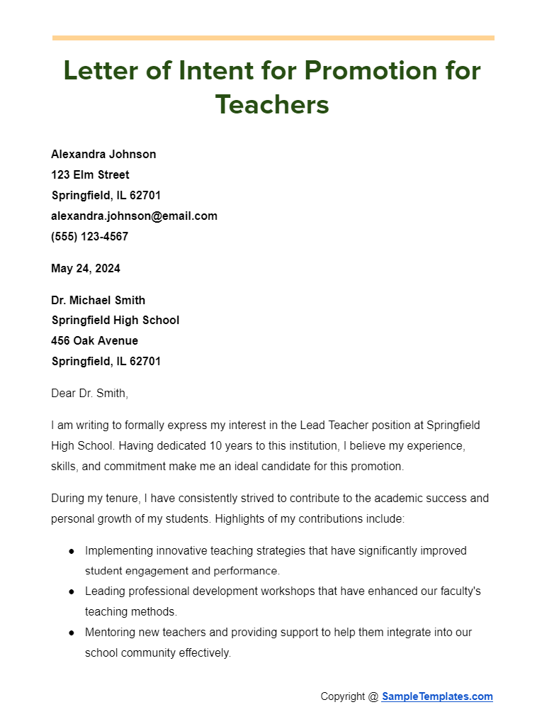 letter of intent for promotion for teachers