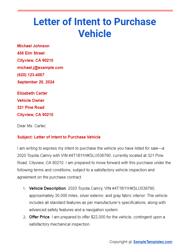 letter of intent to purchase vehicle