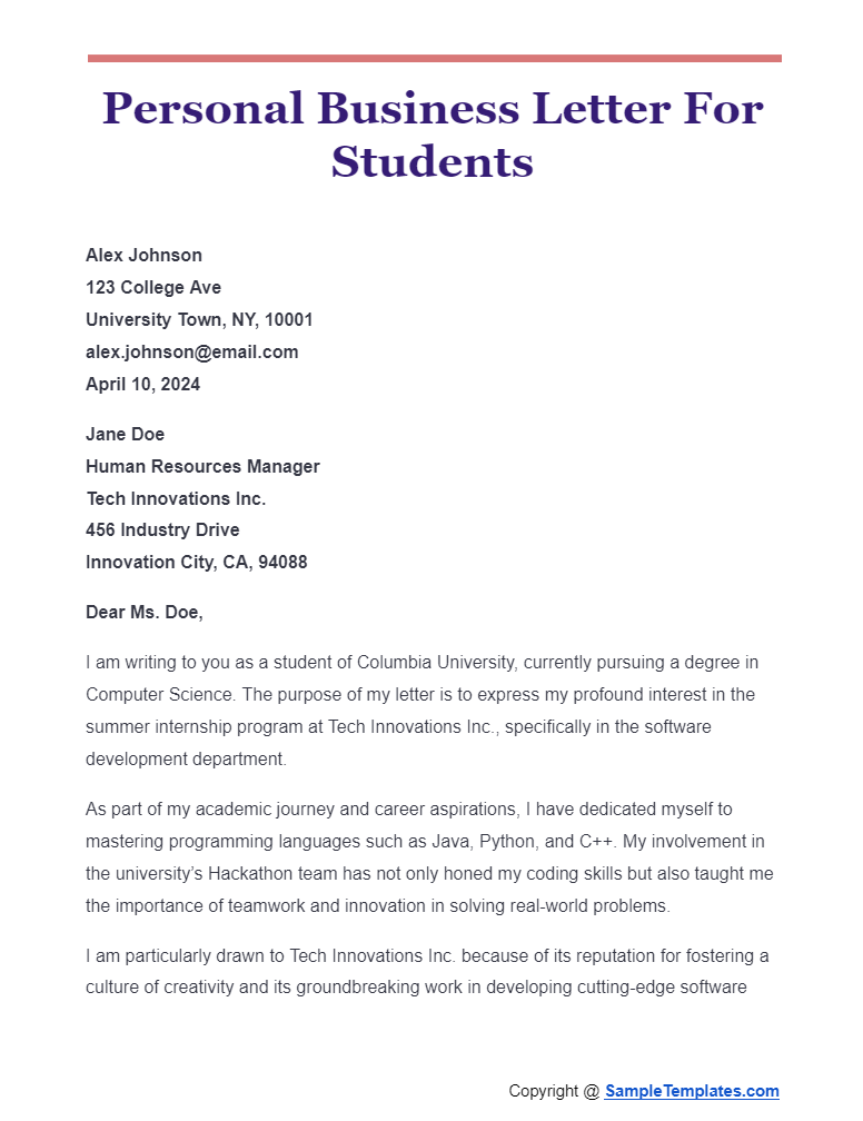 personal business letter for students