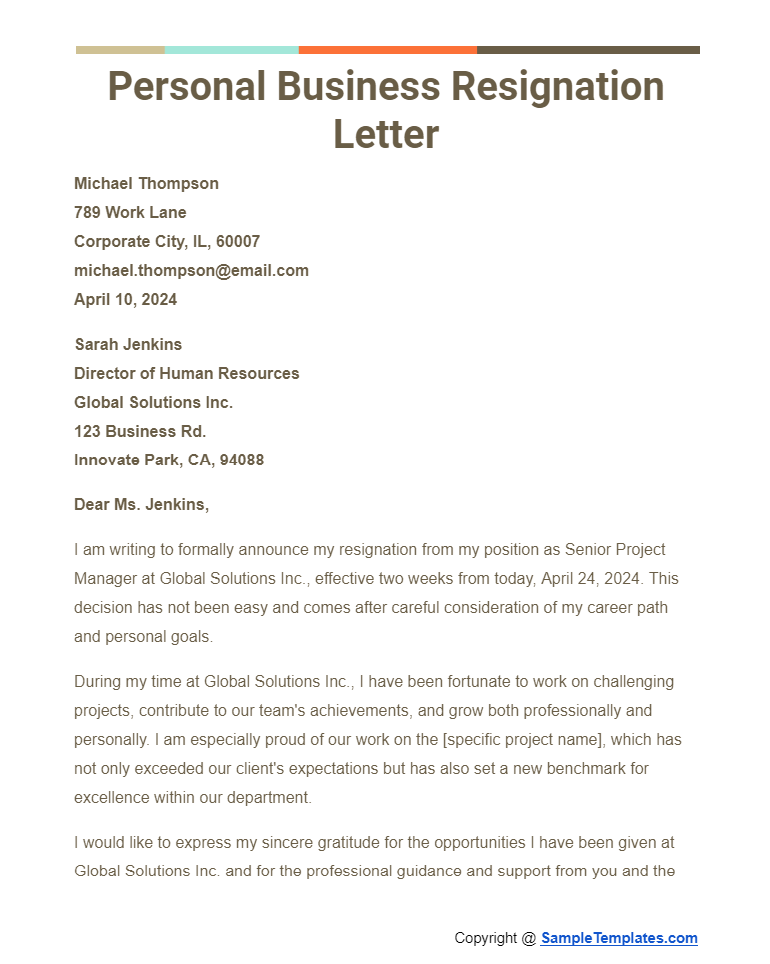 personal business resignation letter