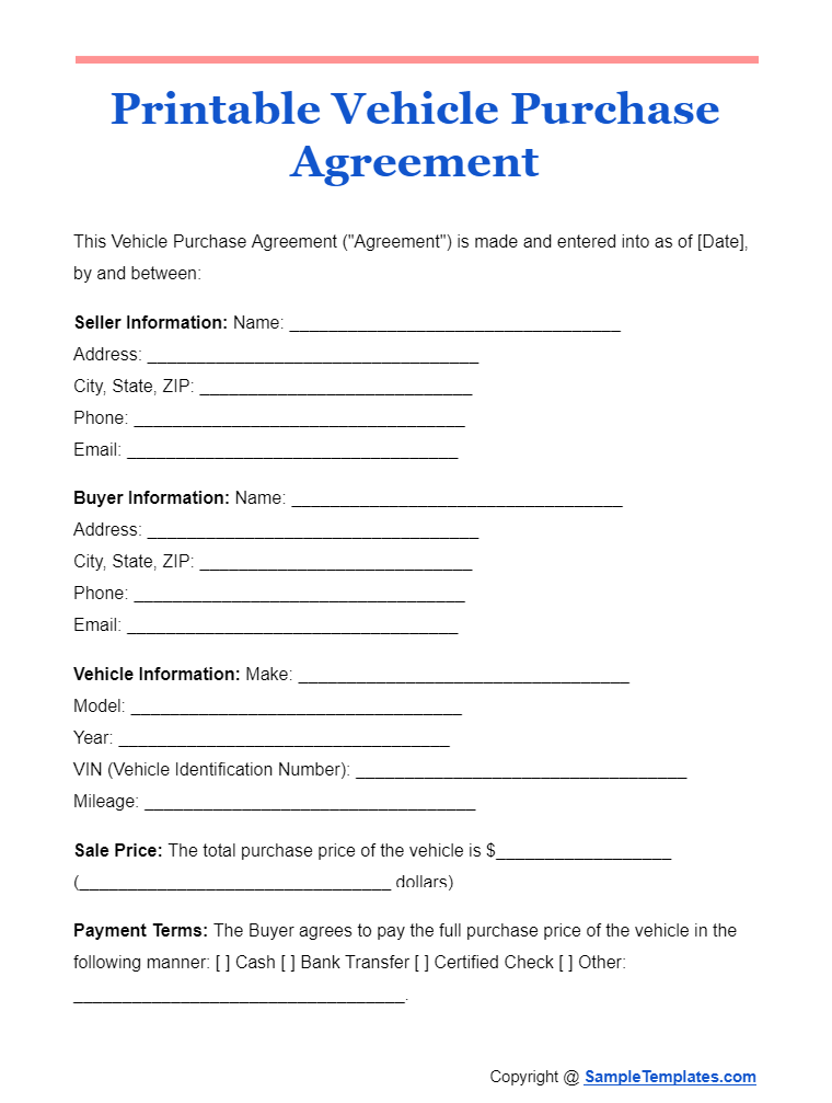 printable vehicle purchase agreement