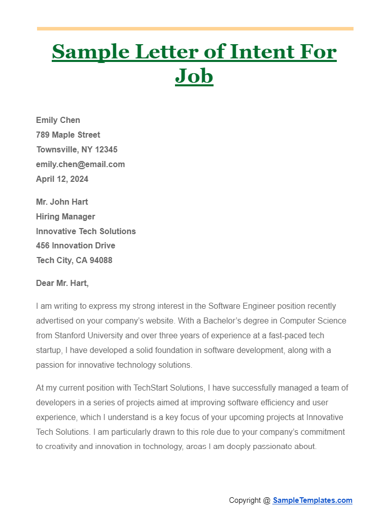 sample letter of intent for job