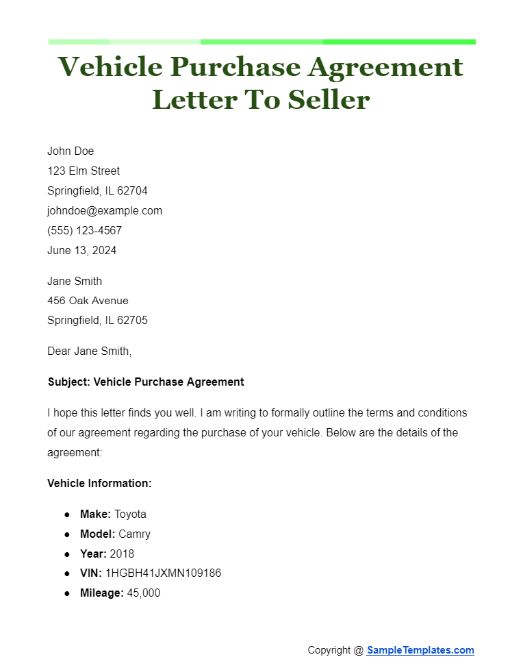 vehicle purchase agreement letter to seller