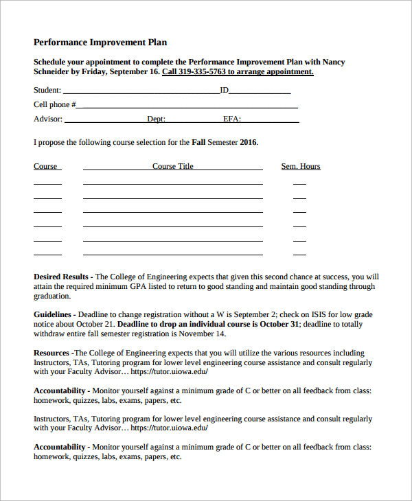 student performance improvement plan template