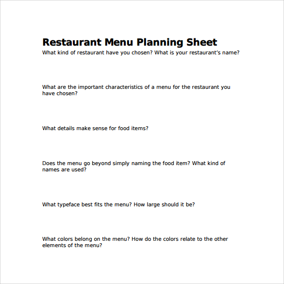 restaurant menu planning sheet