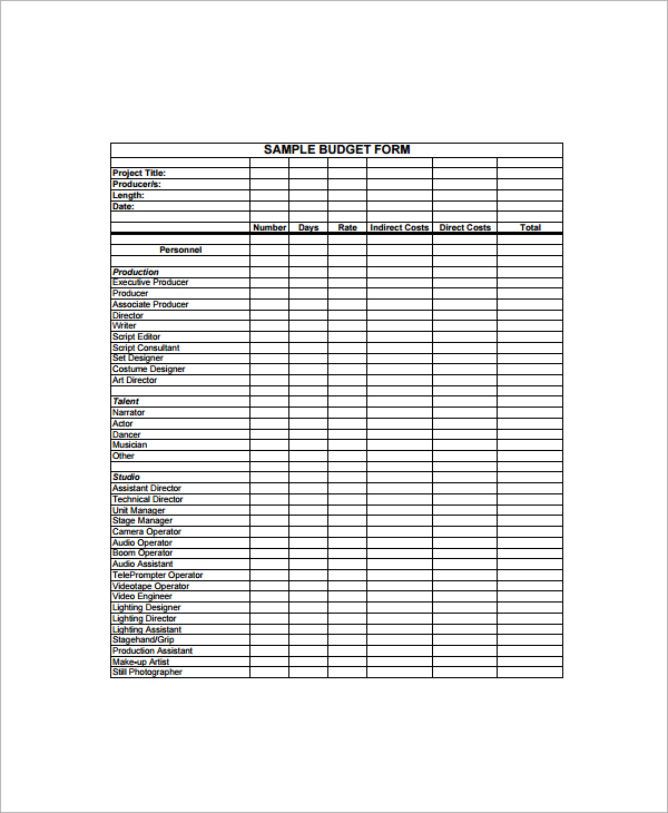 sample film budget form