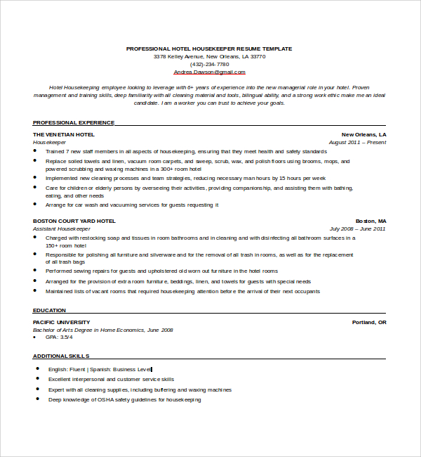 objectives on housekeeping resume