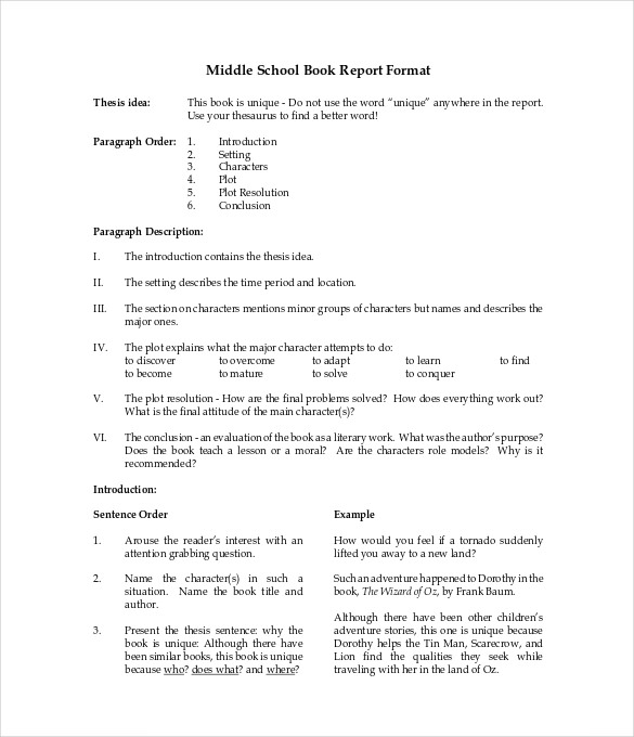 Book report format middle school