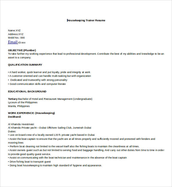 Sample Housekeeping Resume 11 Documents In Pdf Word