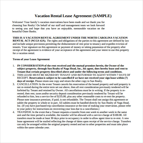 vacation rental lease agreement sample