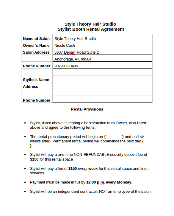saloon booth rental agreement in word