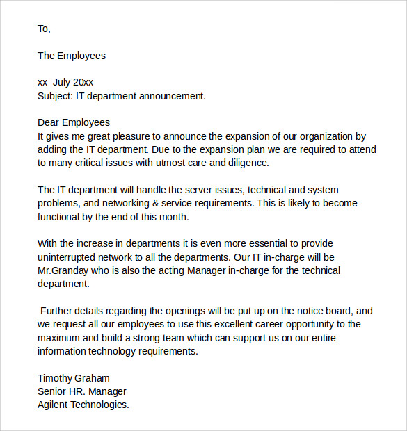 it announcement letter