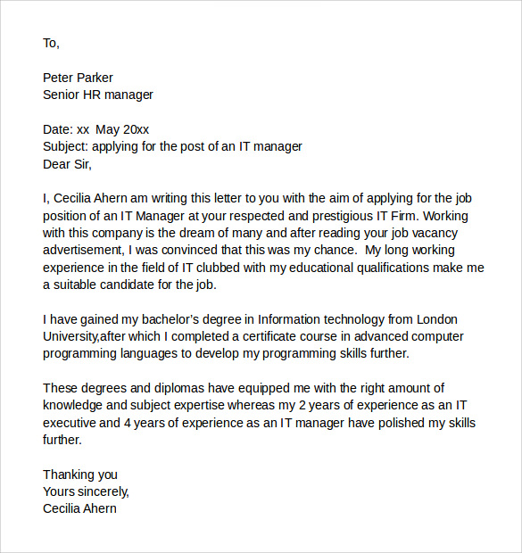 sample information technology cover letter