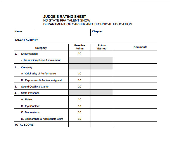 Talent Show Score Sheet Sample