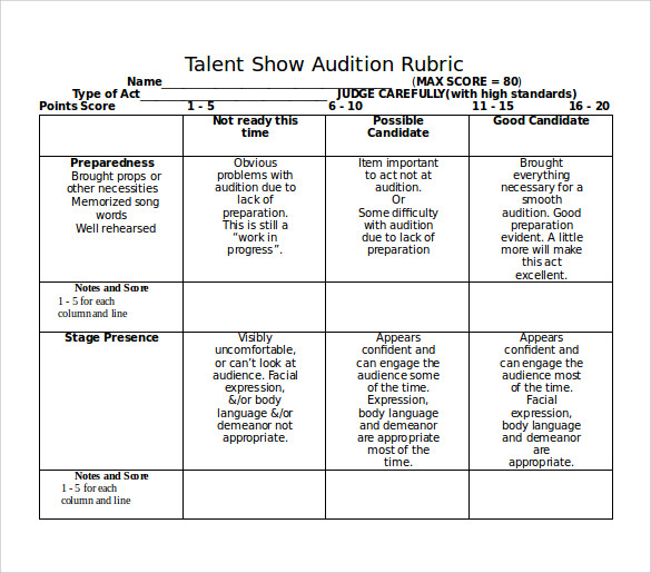 talent show audition rubric score sheet word