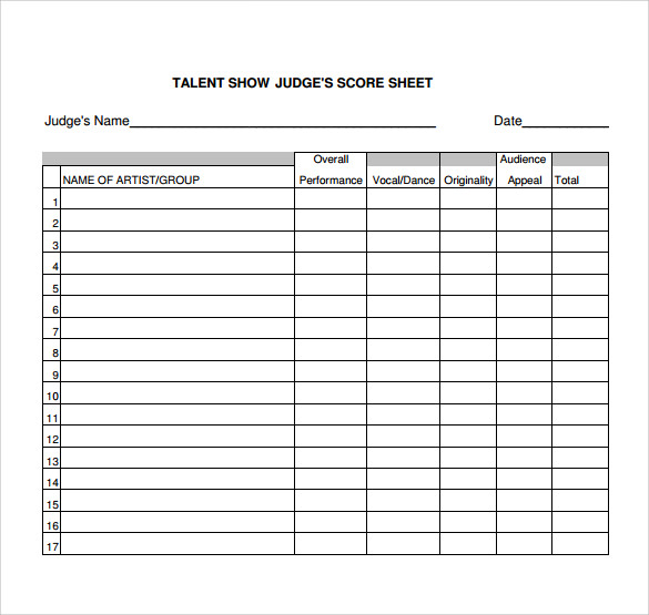 Printable Judges Score Sheet Template