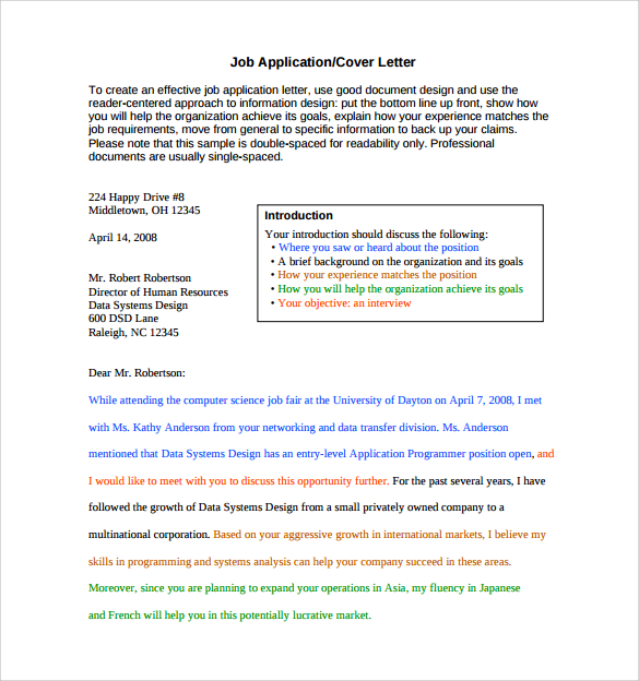 Write a cover letter for a job sample