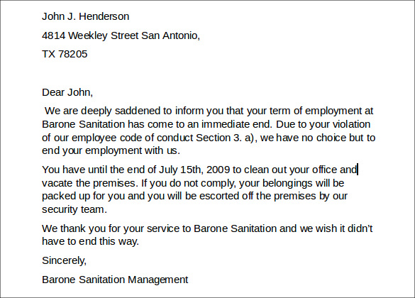 letter of termination from employment