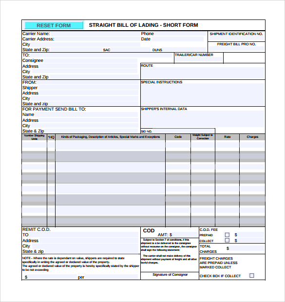 Straight Bill Of Lading Short Form Fillable Printable Forms Free Online