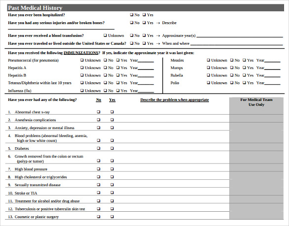 sample example for medical history form 