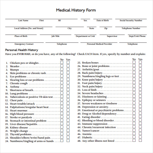 Printable Medical History Forms