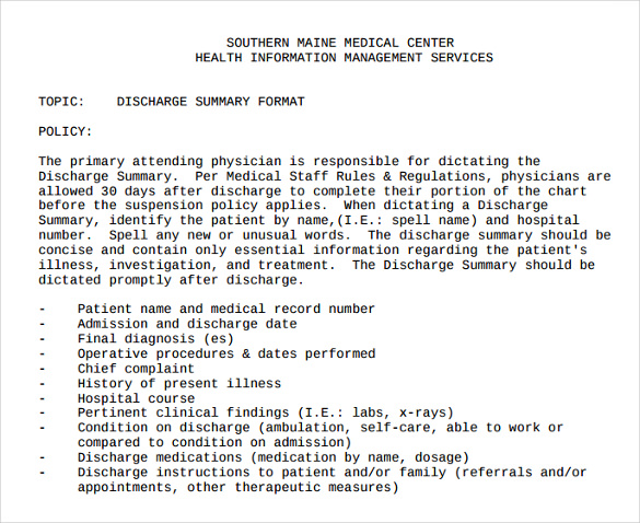 simple example for discharge summary template
