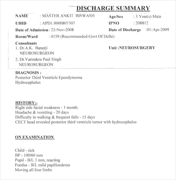 download example for discharge summary template