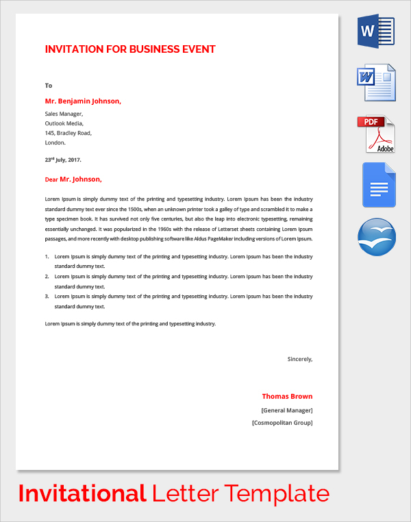 FREE 31+ Sample Invitation Letter Templates in PDF | MS Word | Google Docs