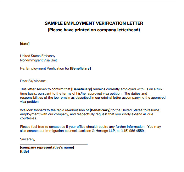 sample employment verification letter