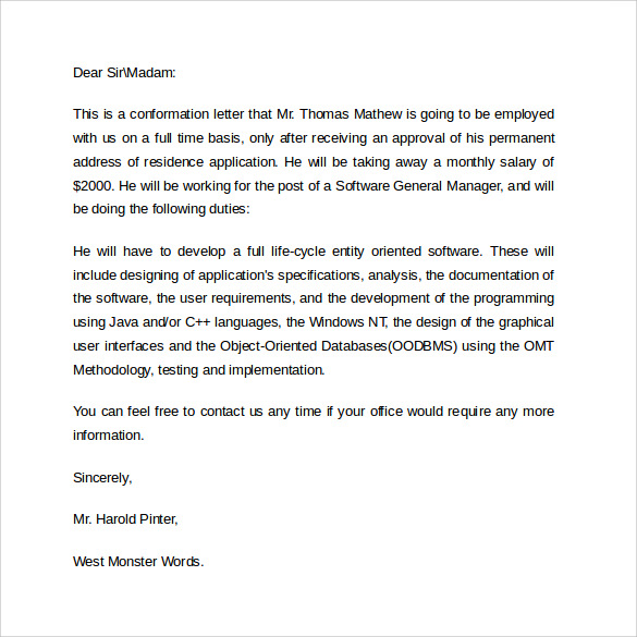 simple employment verification letter