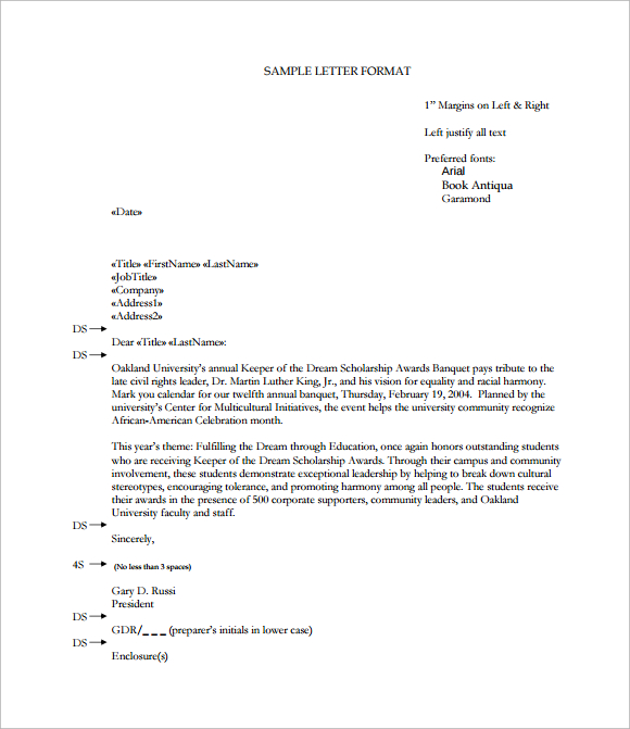 proper letter format with enclosures