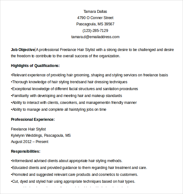 Free 7 Sample Hair Stylist Resume Templates In Pdf Ms Word