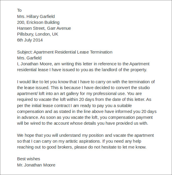 apartment residential lease termination letter