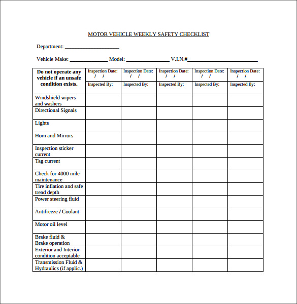motor vehicle weekly safety checklist