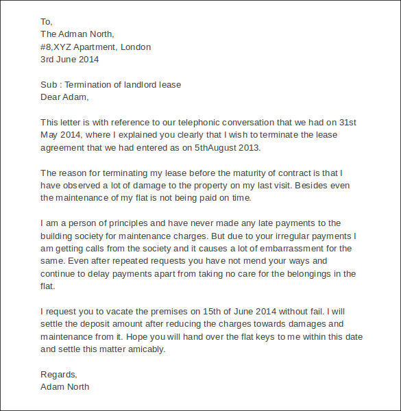 sample of landlord lease termination letter