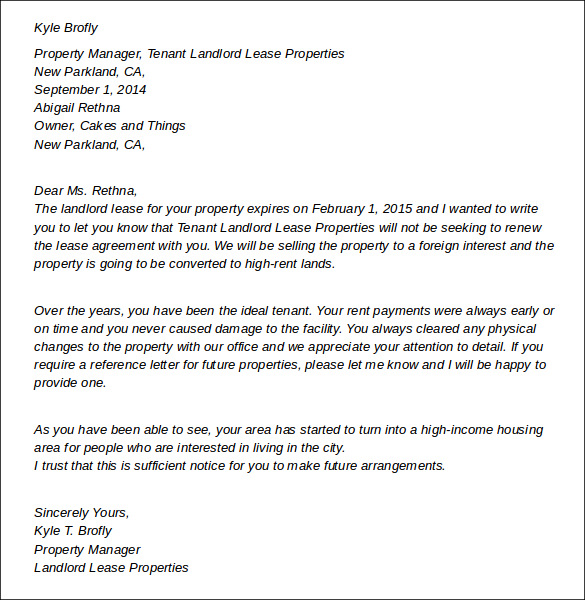 Sample Letter Of Termination Of Rental Agreement By Landlord