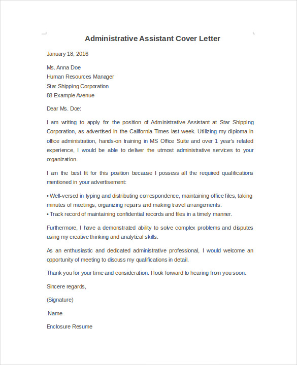 Administrative cover letter format