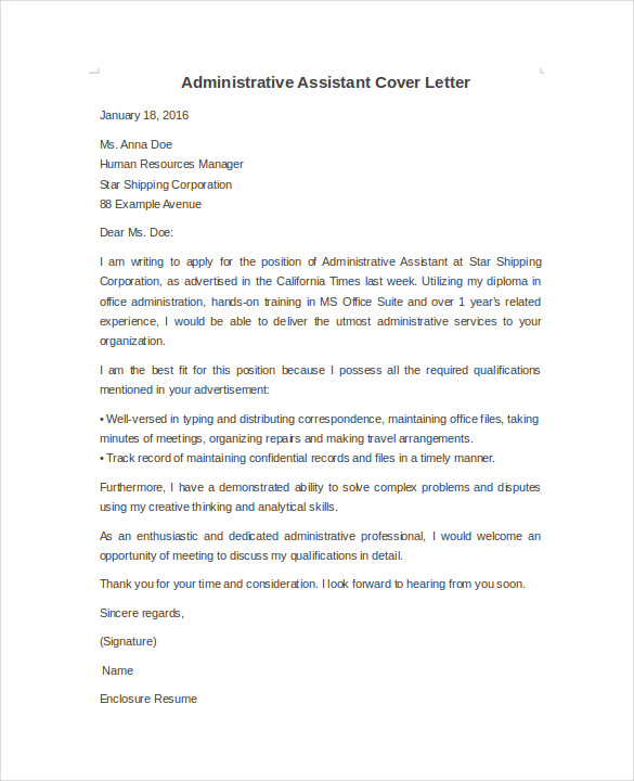 Cover letters templates administrative assistant