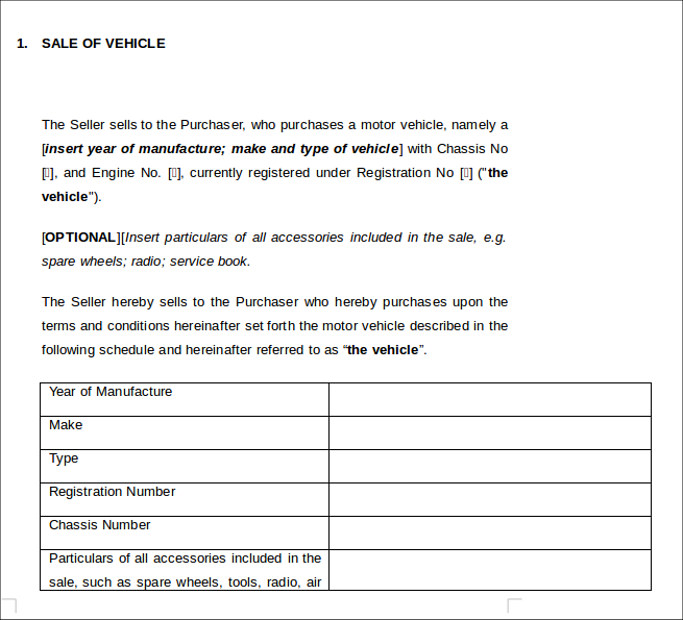 sale of a motor vehicle