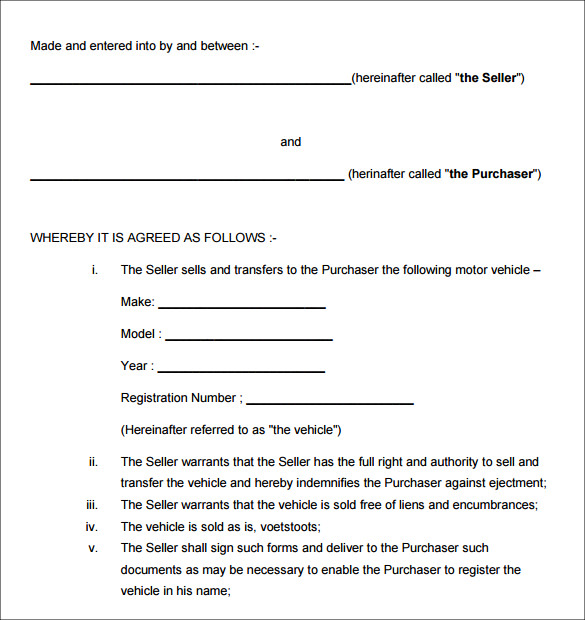 AGREEMENT FOR THE SALE OF A MOTOR VEHICLE