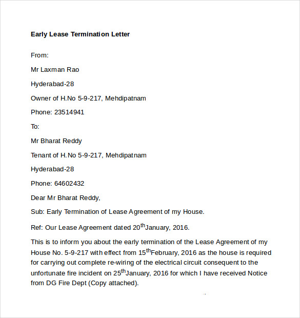 letters formal 9 agreement to Lease  Download Letters Sample 9 Early  Termination