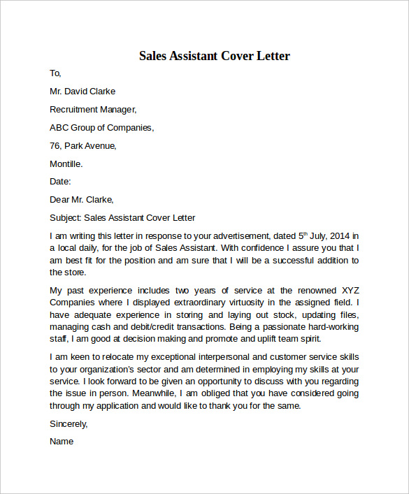 how to write a sales assistant cover letter