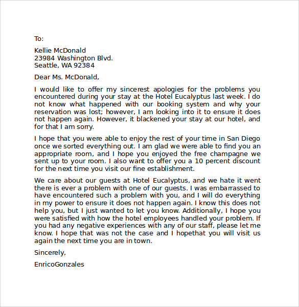 hotel apology letter to guest sample