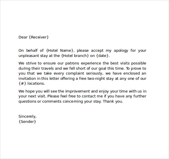 hotel apology letter to guest example